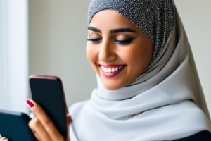 image of the muslim woman, smiling, and checking her credit score on the phone,