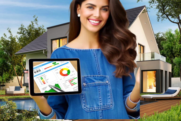 Girl showing her credit score with a house in the background